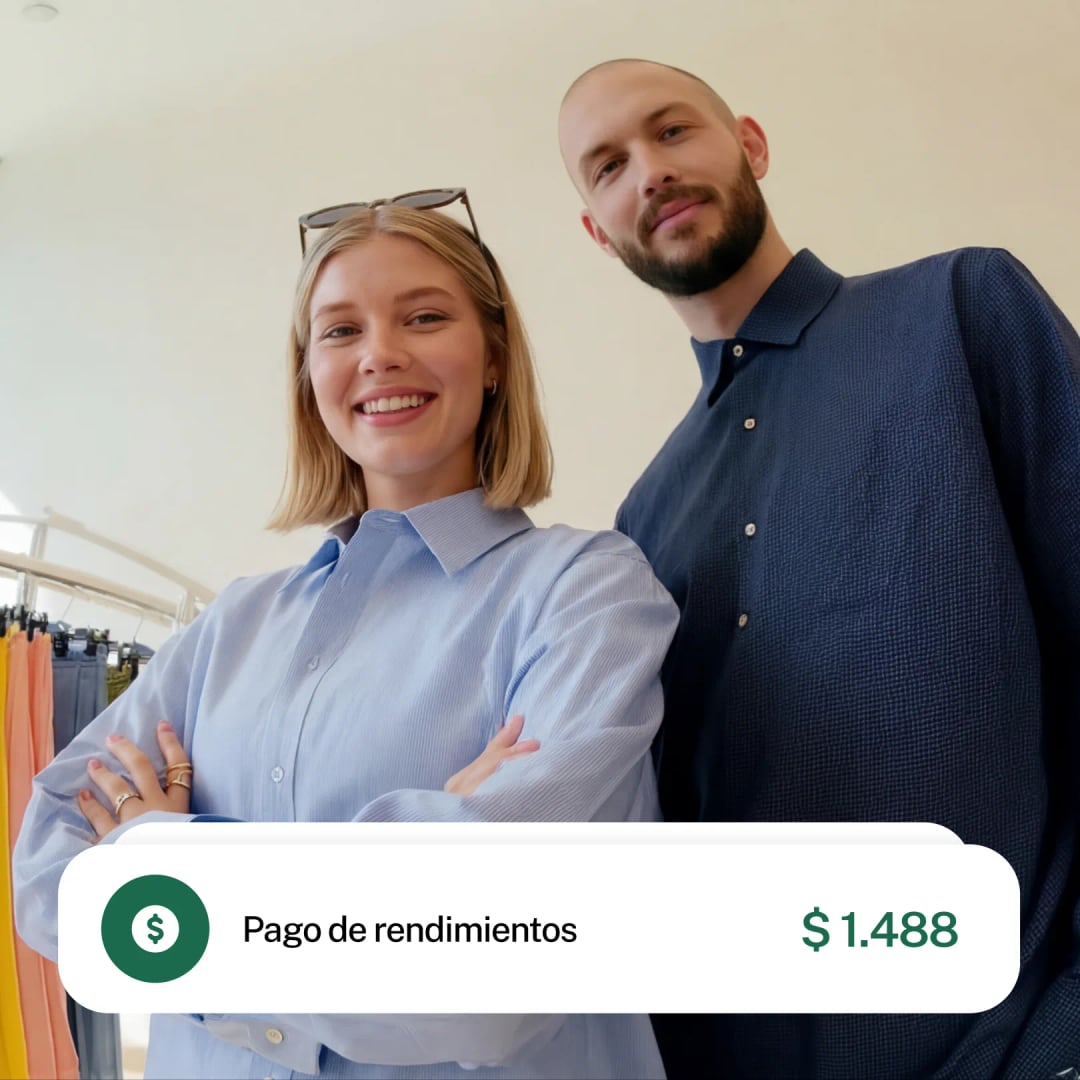 Imágen de 2 personas y una notificación de pago de rendimientos.