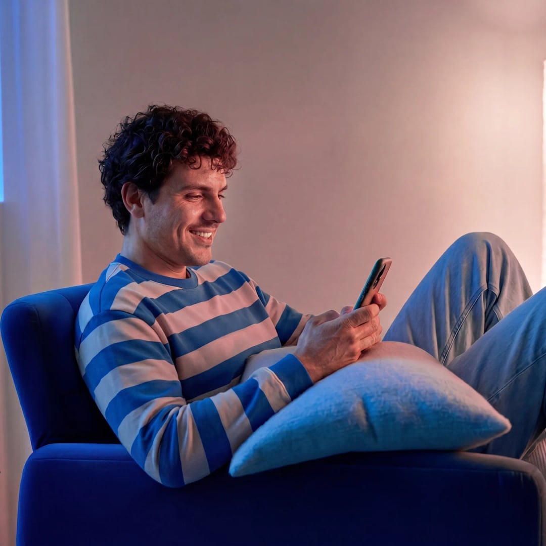 Imágen de un chico con celular en su sillón